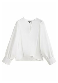 Blouse blanche avec un décolleté en V, des manches ballon longues et un design court. Confectionnée dans un tissu lisse avec un détail subtil de texture.