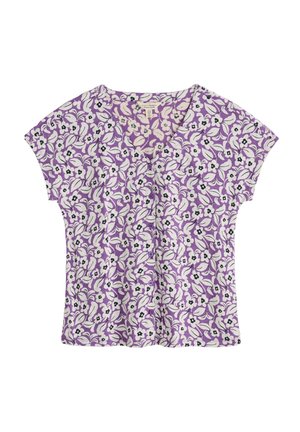 Purple short-sleeve top featuring a floral pattern in white and black, with a V-neck design and delicate button details.