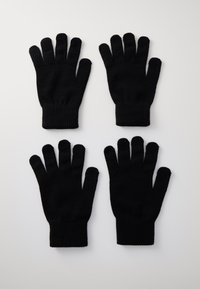 Black knit gloves arranged in pairs, featuring a ribbed cuff, no visible patterns, and a standard five-finger design.