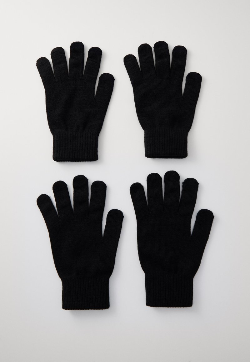 Black knit gloves arranged in pairs, featuring a ribbed cuff, no visible patterns, and a standard five-finger design.