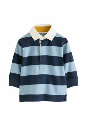 Tricou de rugby cu mâneci lungi, cu dungile orizontale late bleumarin și albastru deschis și guler alb, detaliu cu nasturi pe fenta din față.