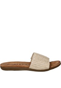 Sandale à glissière beige tissée avec une sangle texturée et une semelle intérieure rembourrée. Semelle plate de couleur brun clair. Design simple et ouvert à l'avant.