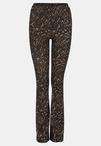 Černé a hnědé leginy se vzorováním, s texturovanou tkaninou, elastickým pasem a rozšířeným střihem, s abstraktním vzorem po celém povrchu.