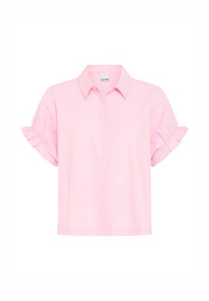 Blusa rosa chiaro a maniche corte con colletto e dettagli arricciati sulle maniche, chiusura frontale con bottoni nascosta da patta.