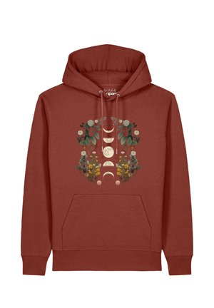 Rostroter Hoodie mit Fronttasche, der ein florales Design und Mondphasen in vertikaler Anordnung in der Mitte zeigt.