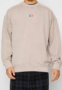 Sudadera color beige claro con cuello redondo, puños y dobladillo acanalados. Presenta un pequeño logotipo rojo, blanco y azul en el pecho. Ajuste suave y relajado.