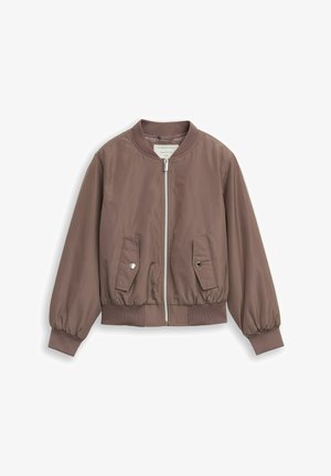 Bruine bomberjack met voorrits, geribde manchetten en zoom, en twee schuine klepzakken met drukknopen.