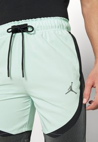 Mint green athletic shorts with black side accents, elastic waistband, drawstring, and Jordan logo. Smooth texture and sporty design.