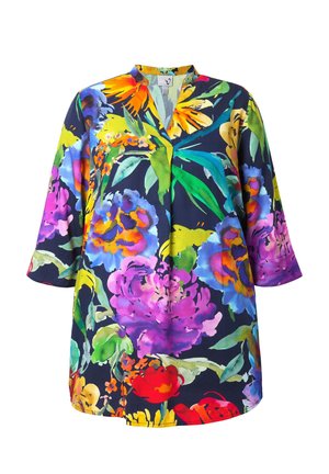 Langärmliges Tunika-Oberteil mit V-Ausschnitt, versehen mit einem lebhaften, mehrfarbigen Blumenmuster auf dunklem Hintergrund.