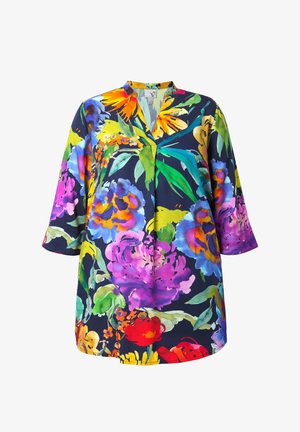 Langärmliges Tunika-Oberteil mit V-Ausschnitt, versehen mit einem lebhaften, mehrfarbigen Blumenmuster auf dunklem Hintergrund.