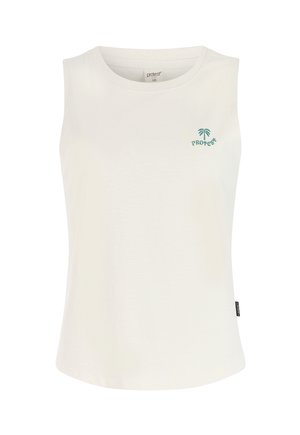 Witte mouwloze tanktop met kleine groene palmboom en "Protest"-logo op de borst, ronde halslijn en stoflabel in de zijnnaad.