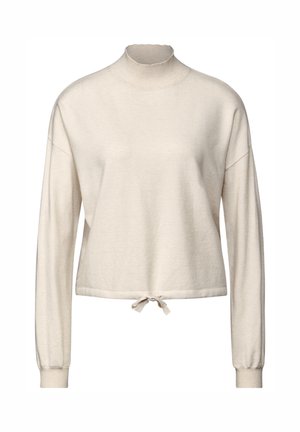 Sudadera color crema con un cuello alto, mangas largas y un cordón en el dobladillo. Fabricada en una tela suave y texturizada con un corte relajado.