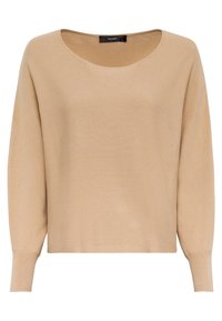 Beżowy sweter dziany z szerokim dekoltem w serek, długimi rękawami, prążkowanymi mankietami oraz miękką fakturą, z luźnym krojem i równym stębnowaniem.