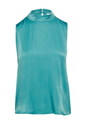 Turkusowa bluzka bez rękawów z wysokim, okrągłym kołnierzem, gładką fakturą i zapięciem na guzik z tyłu. Prosty design bez wzorów i akcentów.
