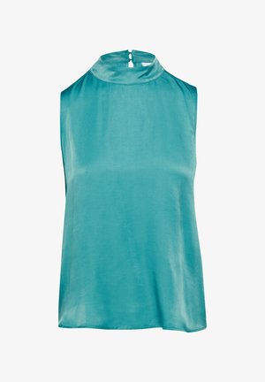 Turkusowa bluzka bez rękawów z wysokim, okrągłym kołnierzem, gładką fakturą i zapięciem na guzik z tyłu. Prosty design bez wzorów i akcentów.
