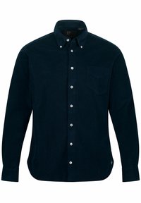 Camisa de botones de pana azul marino con cuello punta, mangas largas, bolsillo frontal y doce cierres de botones blancos. Textura suave.