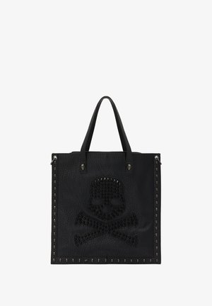 Sort læder tote bag med tekstureret overflade, prydet med et fremtrædende kranie-design lavet af nitter. Sølv hardware og dekorative kranie detaljer langs kanterne.