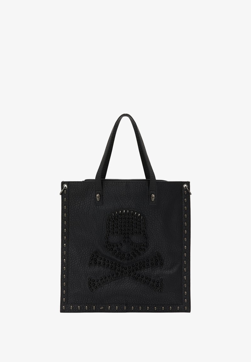 Fekete bőr kézitáska texturált felülettel, kiemelkedő koponya mintázattal, amely tűkből készült. Ezüst színű fémrészek és díszített koponya részletek a széleken.