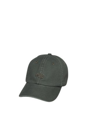Dunkelgraue Baseballkappe mit gebogenem Schirm und vorne gesticktem Logo, aus weichem Stoff mit Belüftungsösen.