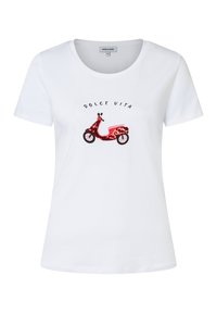 White t-shirt with a crew neck featuring a colorful scooter graphic embellished with sequins and text reading "DOLCE VITA."