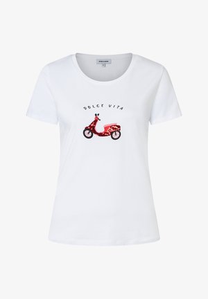 White t-shirt with a crew neck featuring a colorful scooter graphic embellished with sequins and text reading "DOLCE VITA."