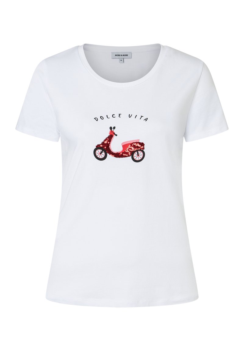 White t-shirt with a crew neck featuring a colorful scooter graphic embellished with sequins and text reading "DOLCE VITA."