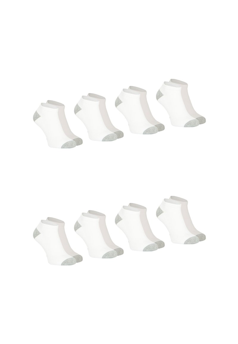 Ensemble de huit chaussettes de cheville. Tissu en coton blanc avec des accents gris au niveau des talons et des orteils. Poignet côtelé pour un ajustement serré.