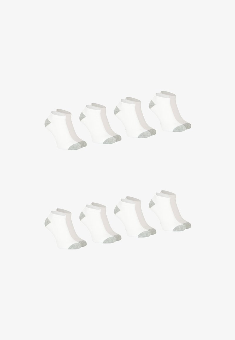 Ensemble de huit chaussettes de cheville. Tissu en coton blanc avec des accents gris au niveau des talons et des orteils. Poignet côtelé pour un ajustement serré.