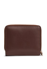 Brown leather wallet with a smooth texture and a zip closure. Features gold hardware and a simple, rectangular design.