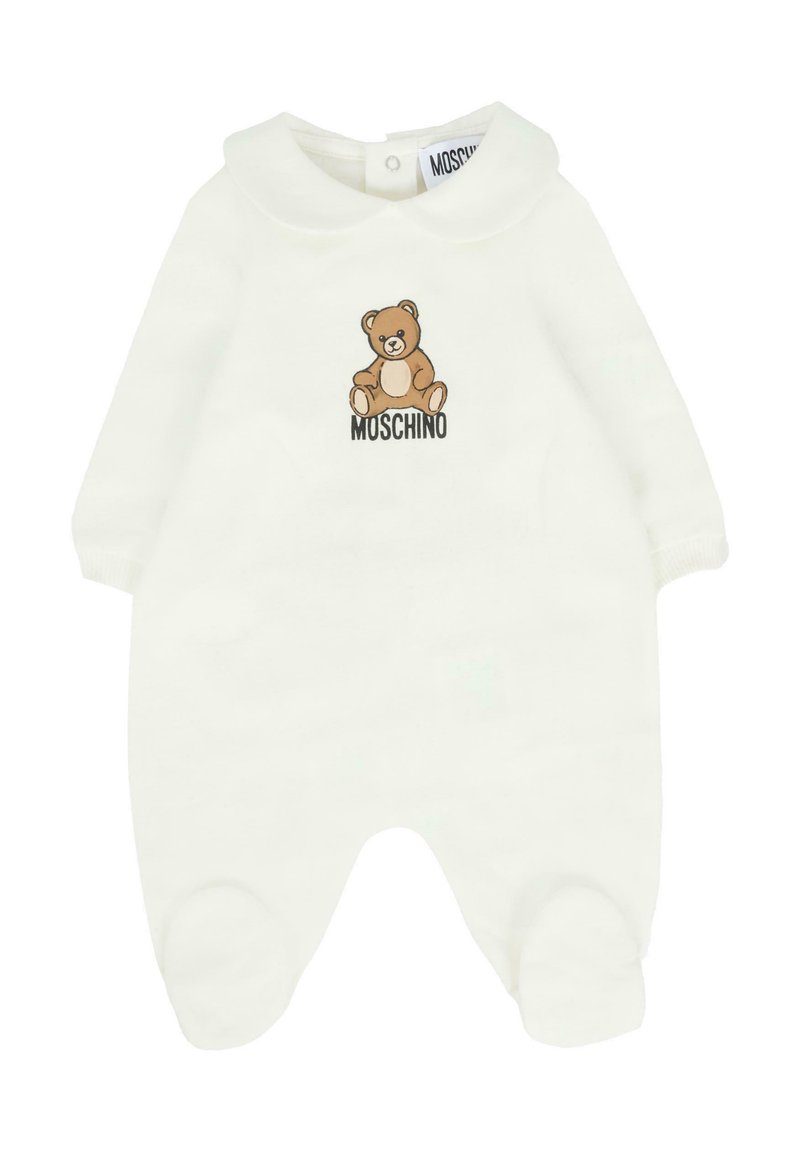 Body bianco per bambini con maniche lunghe, gambine a copertura, colletto rotondo e un orsetto marrone con il testo "MOSCHINO" sul petto.