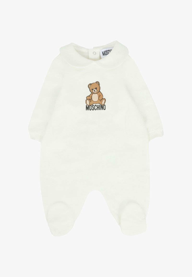 Body bianco per bambini con maniche lunghe, gambine a copertura, colletto rotondo e un orsetto marrone con il testo "MOSCHINO" sul petto.