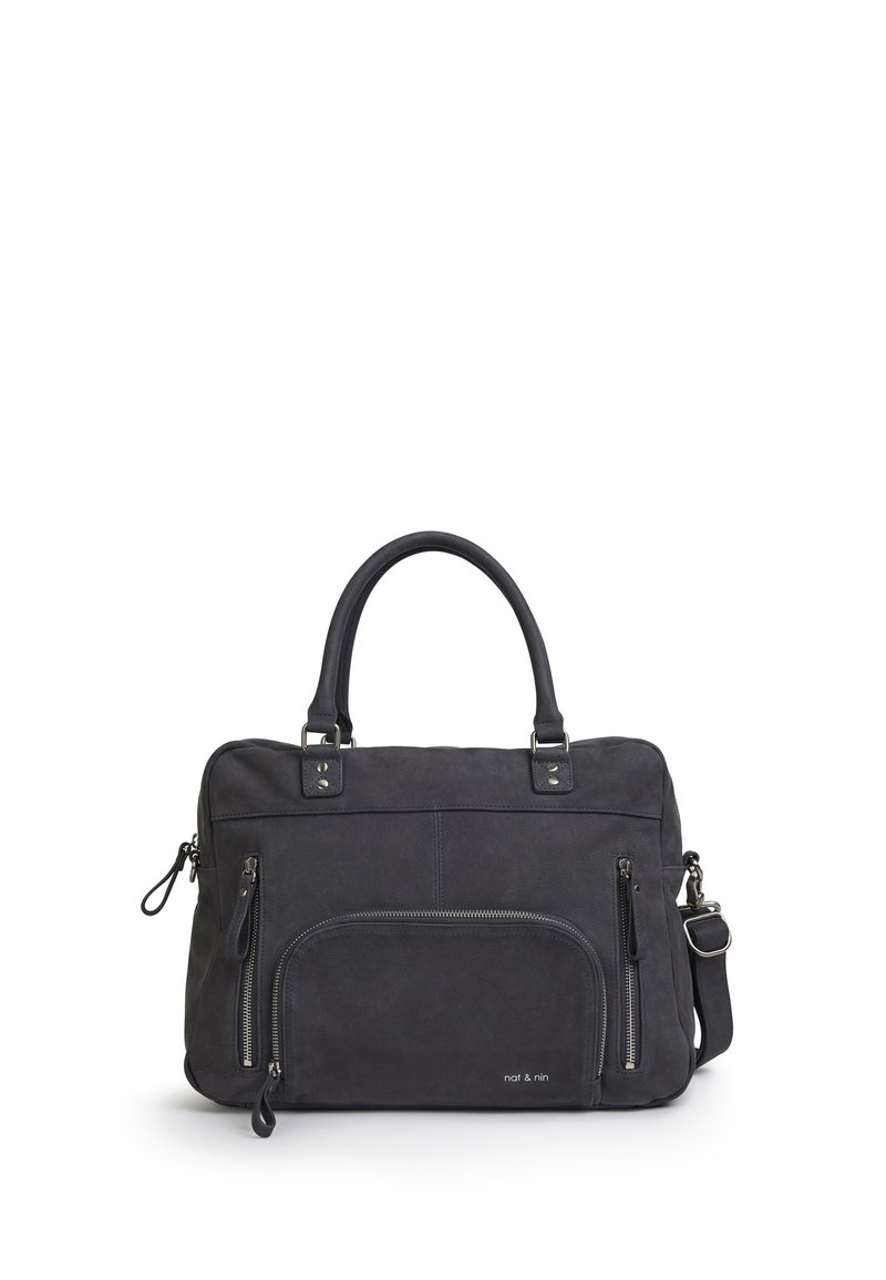 Black leather handbag with dual top handles, adjustable strap, front zipper pocket, and metallic hardware accents. Smooth texture, rectangular shape.