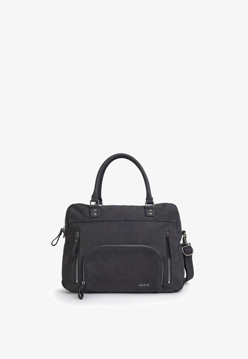 Black leather handbag with dual top handles, adjustable strap, front zipper pocket, and metallic hardware accents. Smooth texture, rectangular shape.