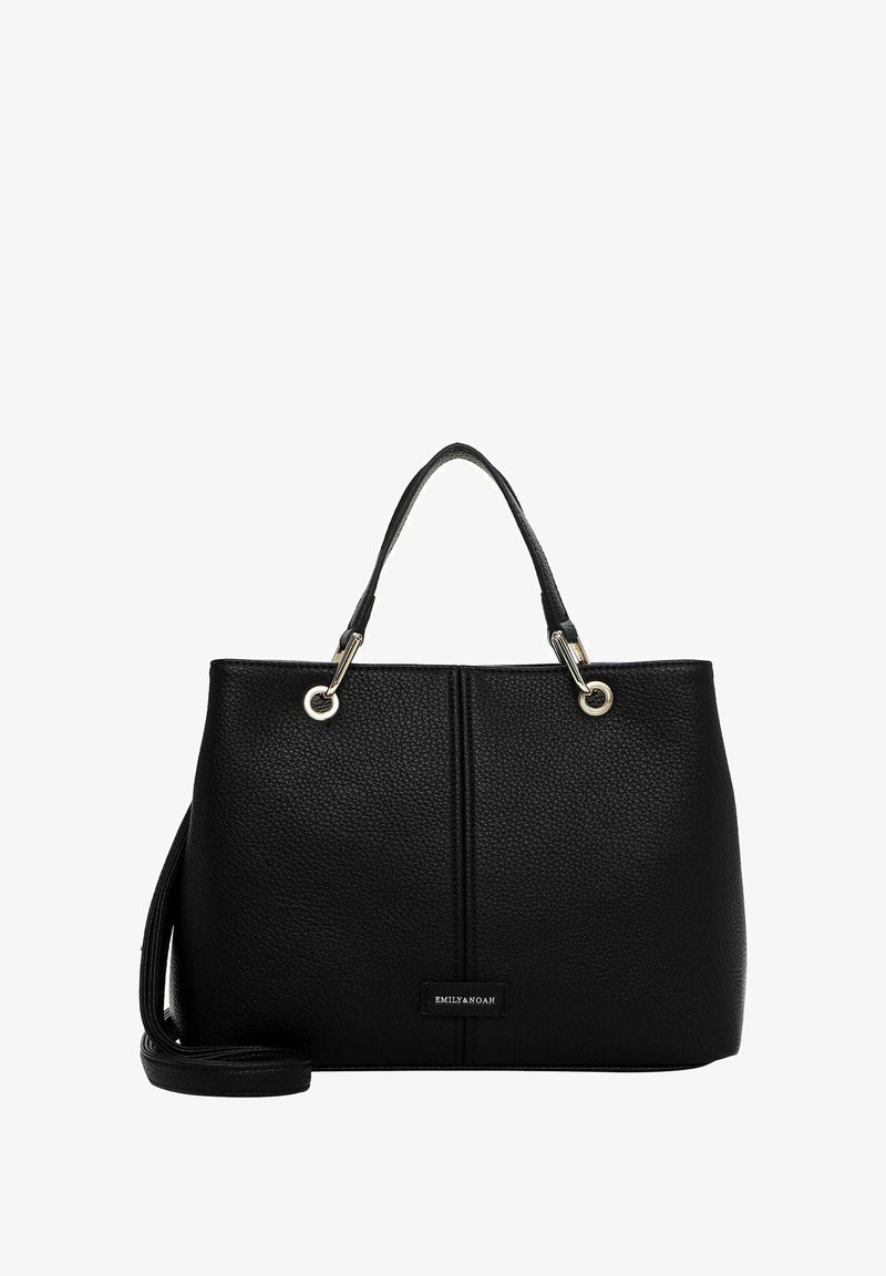 Borsa nera realizzata in pelle testurizzata, con duplice manico superiore, accessori in metallo dorato e un sottile dettaglio del logo sul pannello anteriore.