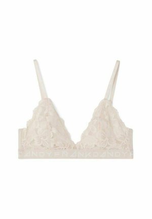 Bralette en dentelle de couleur nude clair avec un motif floral, des bretelles ajustables et une bande élastique à logo. Texture douce sur l'ensemble.