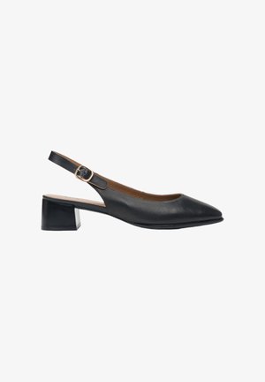 Black leather slingback shoe with a pointed toe, low block heel, and a buckled ankle strap. Smooth texture, minimalist design.
