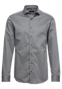 Szara koszula na długi rękaw zapinana na guziki, wykonana z gładkiej tkaniny, z ostrym kołnierzykiem, zapięciem na guziki z przodu oraz kontrastową fakturą wewnętrznego kołnierzyka.
