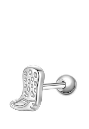 Sølv stangørering med et tekstureret, abstrakt ansigtsdesign med hævede ovale former og en buet læbedetalje.