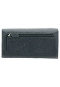 Dark gray leather wallet with a textured surface, featuring a zippered pocket on one side, and a sleek rectangular design.