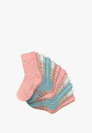 Multifarbede sokker med pink farve og regnbuemønstre, lyseblå, hvide og stribede designs. Blandet bomuld, med ribbede toppe og glat tekstur.