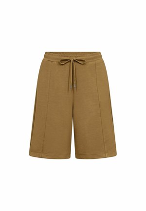 Brązowe, krótkie spodenki do kolan z elastycznym pasem i sznurkiem do regulacji, z pionowymi przeszyciami na białym tle.