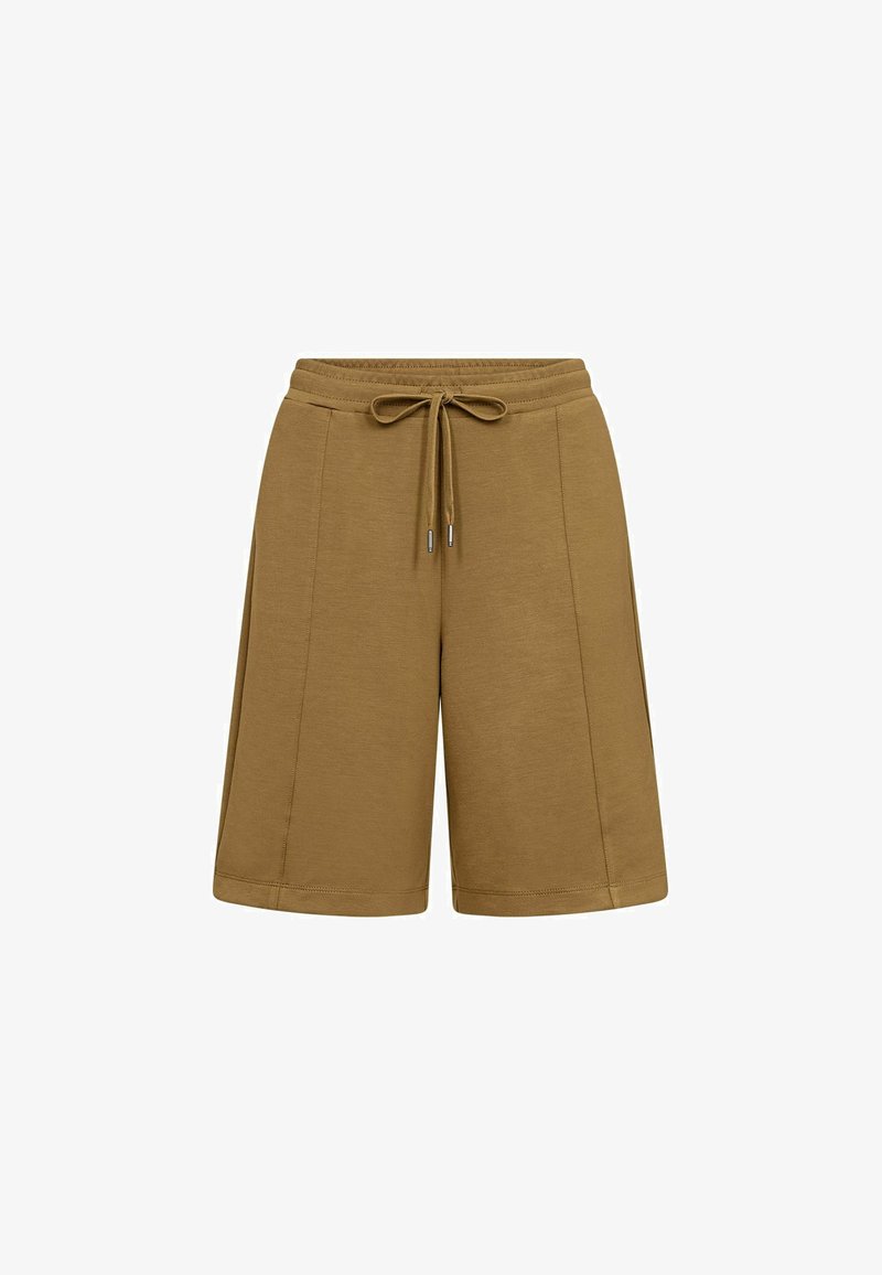 Shorts marron jusqu'aux genoux avec une taille élastique et un cordon de serrage, présentant des détails de coutures verticales sur un fond blanc.