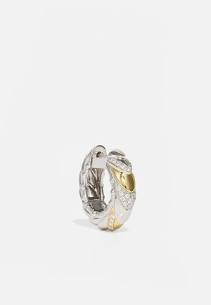 Silver hoop earring featuring gold accent and white rhinestones, with a textured design resembling intertwining leaves.