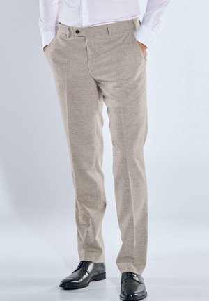 Beige Wollmisch-Hose mit geradem Bein, seitlichen Taschen, einem einzelnen Knopfverschluss und dezentem Muster.