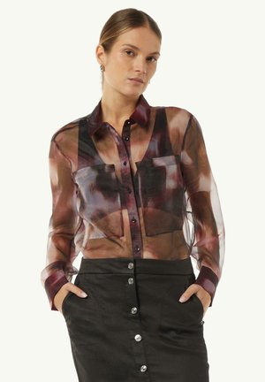 Sheer, long-sleeve blouse in shades of brown and burgundy with a button-down front and two chest pockets. Soft, translucent fabric.