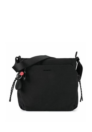Sac bandoulière noir avec sangle réglable, poche avant zippée et porte-clés décoratifs sur fond blanc.