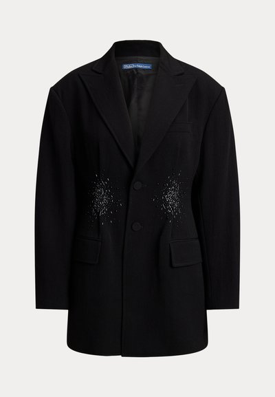 Black blazer featuring a tailored design, notch lapels, two front pockets, and beaded embellishments on the chest area.