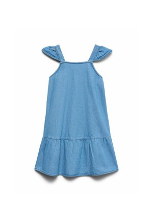 Robe en denim bleu clair sans manches avec bretelles volantées et ourlet froncé.