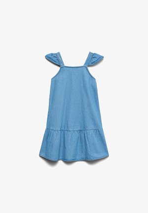 Világoskék, ujjatlan farmer ruha fodros vállpántokkal és ráncolt szegéllyel.