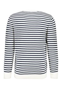 Pull rayé présentant des rayures horizontales bleu marine et blanches, col rond, manches longues, et poignets et ourlet côtelés. Confectionné en coton doux.